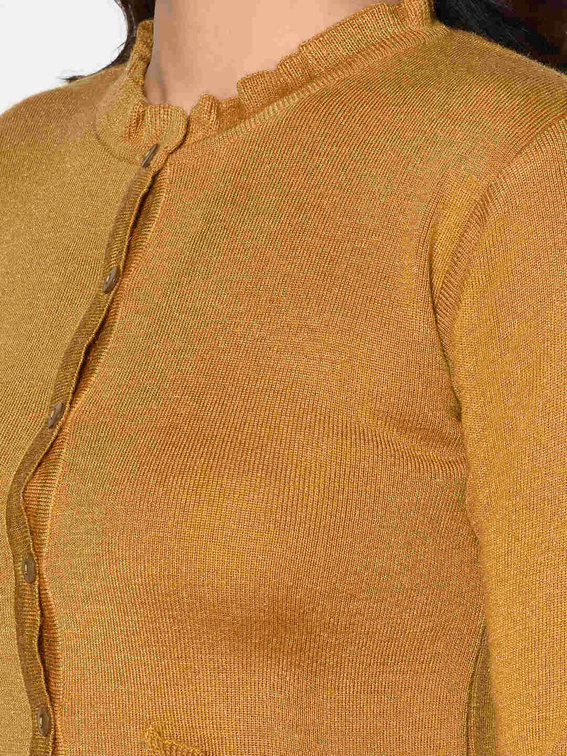Fabnest Winter Acrylic Mustard Cardigan with Pockets and Frill Detail-Cardigan-Fabnest