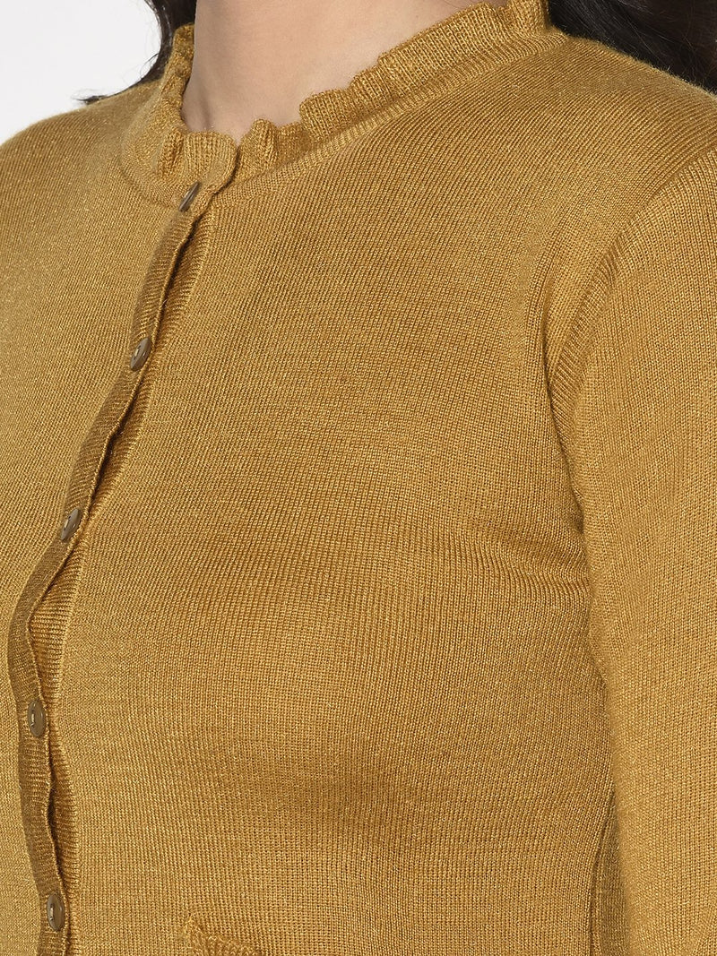 Fabnest Winter Acrylic Mustard Cardigan with Pockets and Frill Detail-Cardigan-Fabnest
