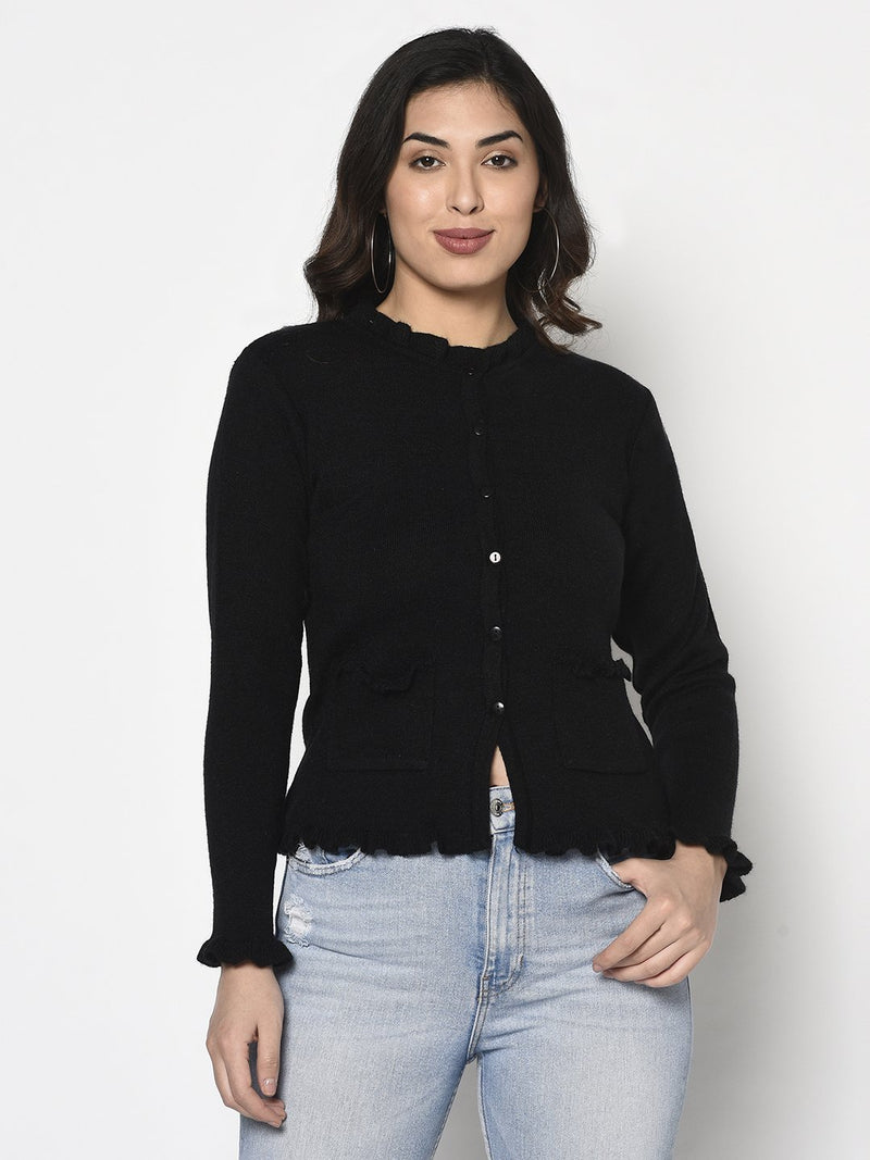 Fabnest Winter Acrylic Black Cardigan with Pockets and Frill Detail-Cardigan-Fabnest