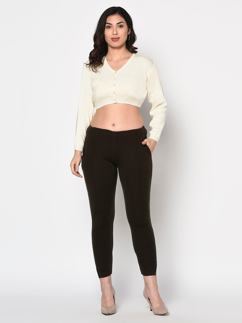 Brown acrylic winter jeggings with pockets-Bottoms-Fabnest