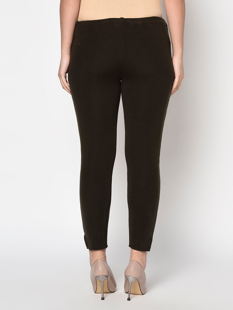 Brown acrylic winter jeggings with pockets-Bottoms-Fabnest