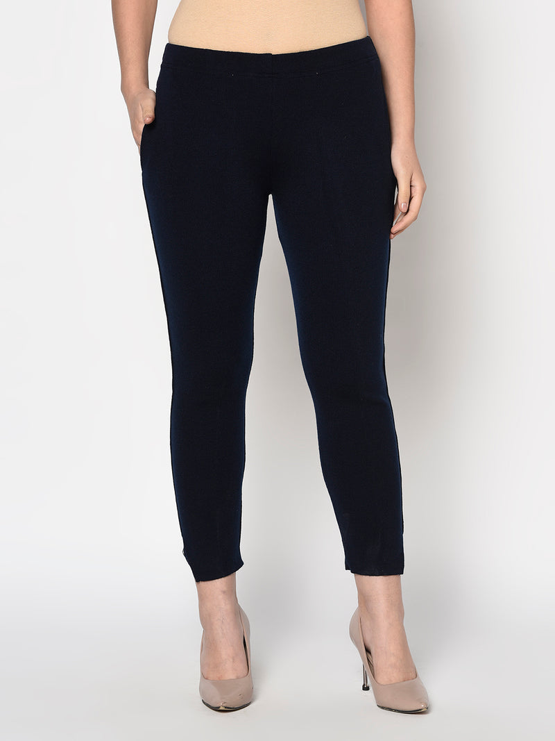 Navy acrylic winter jeggings with pockets-Bottoms-Fabnest