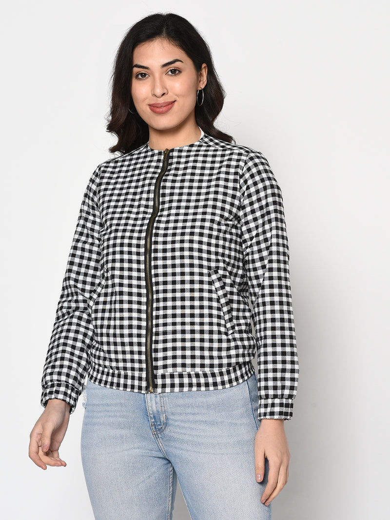 Winter cotton black and white check double layered zipper jacket-Jacket-Fabnest