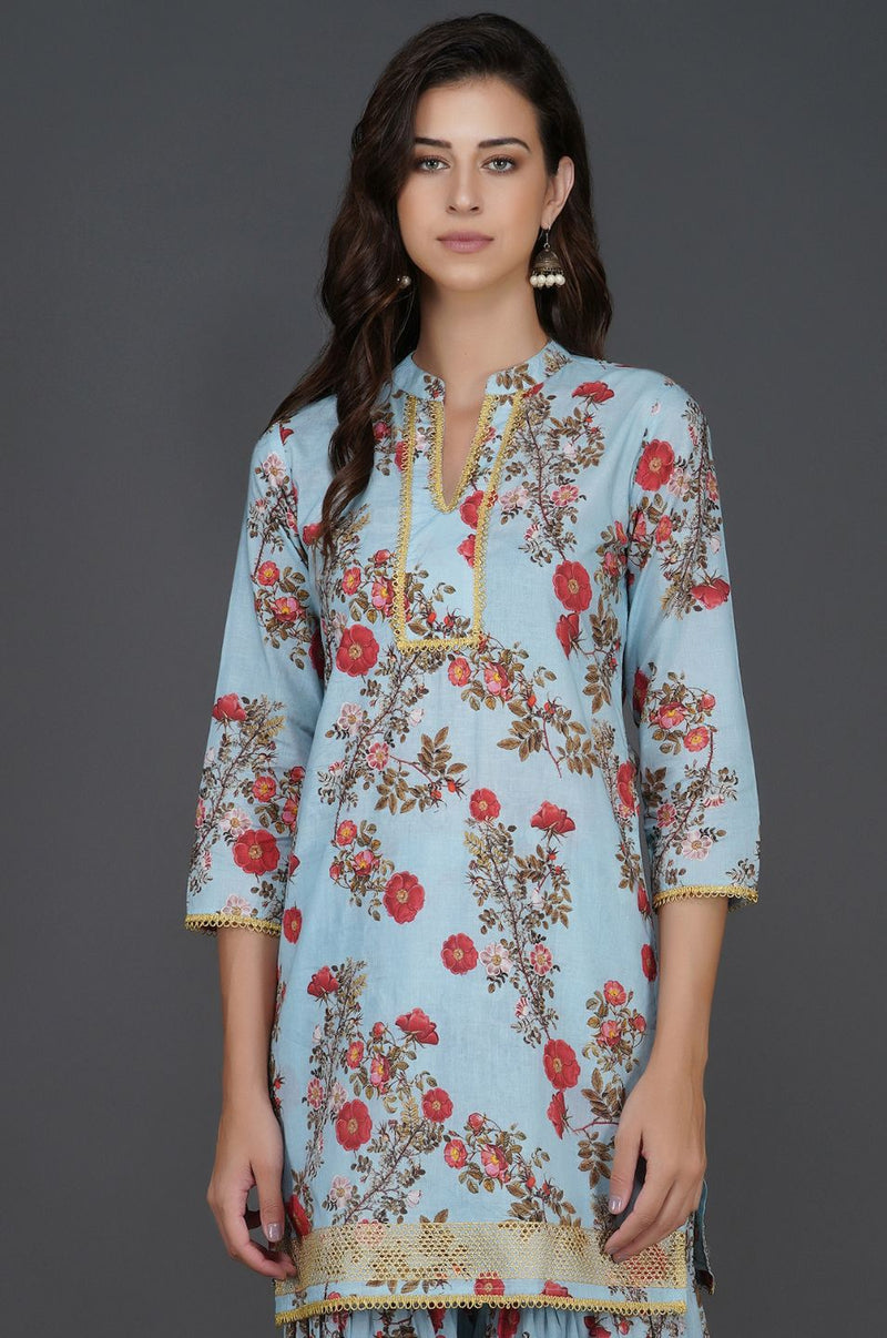 Light blue floral printed with gold lace inserts kurta ONLY-Kurta-Fabnest