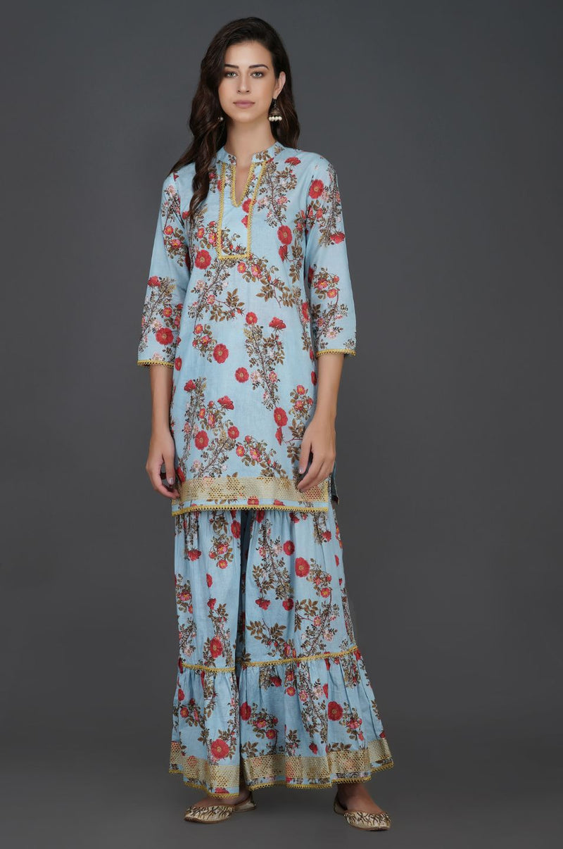 Light blue floral printed sharara set with gold lace inserts-Sharara Set-Fabnest