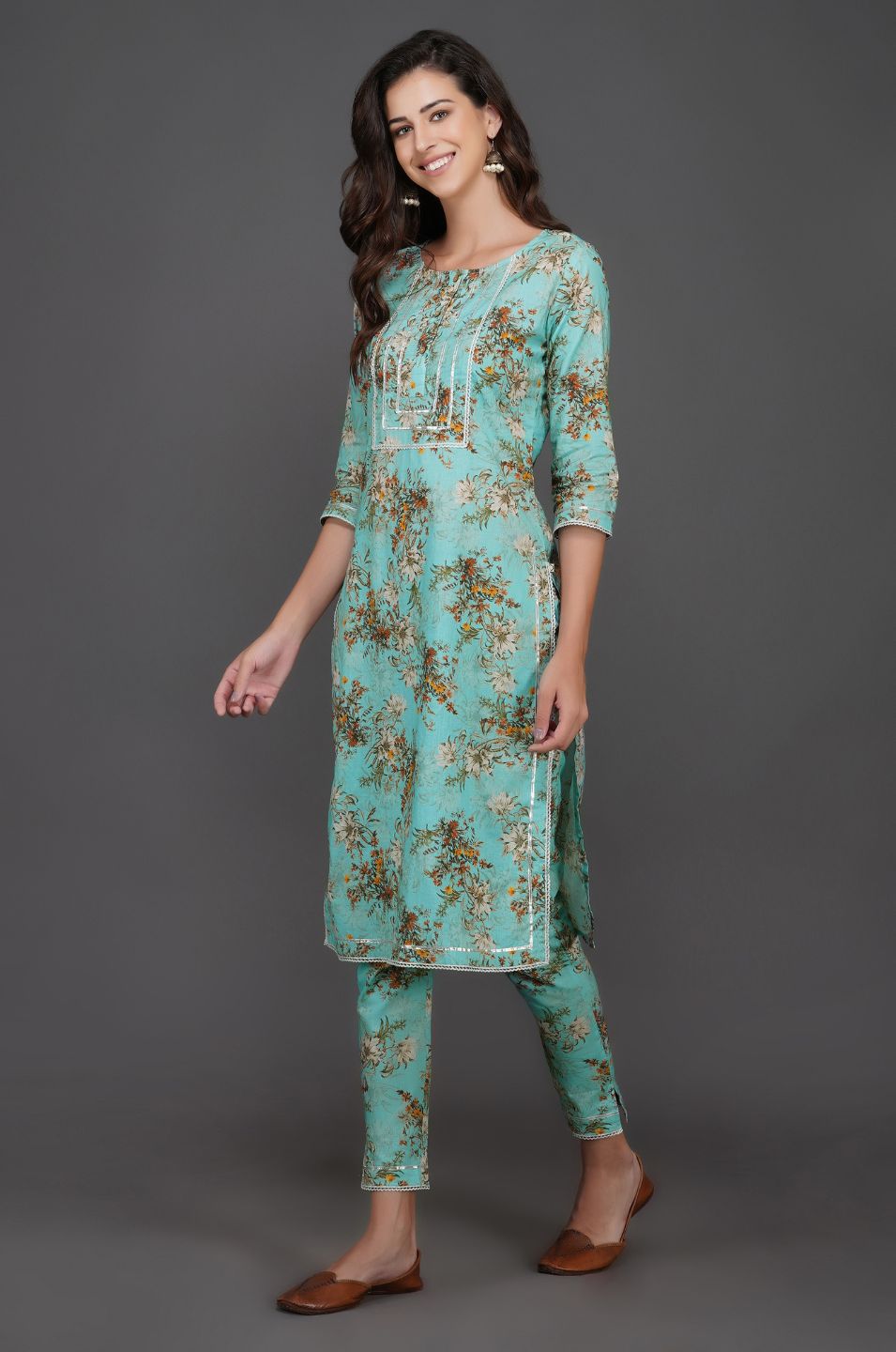 Turquoise cotton floral printed straight kurta set-Kurta Set-Fabnest