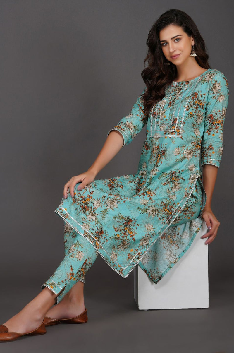 Turquoise cotton floral printed with silver gota and lace inserts straight kurta ONLY-Kurta-Fabnest