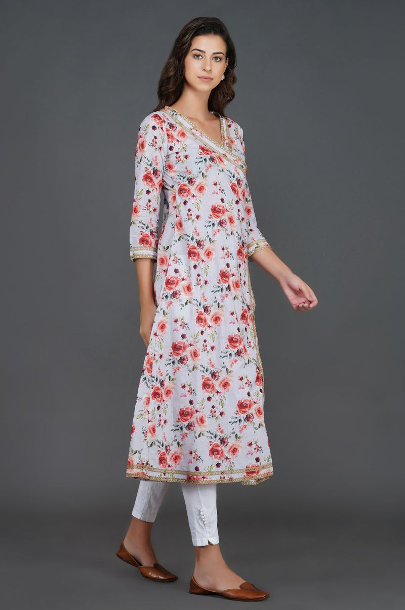 Light lilac floral printed cotton angrakha with dull gold lace accents-Kurta-Fabnest