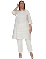 Curve set of off white cotton flex boat neck lace work kurta with co-ordinated flex pants-Kurta Set-Fabnest